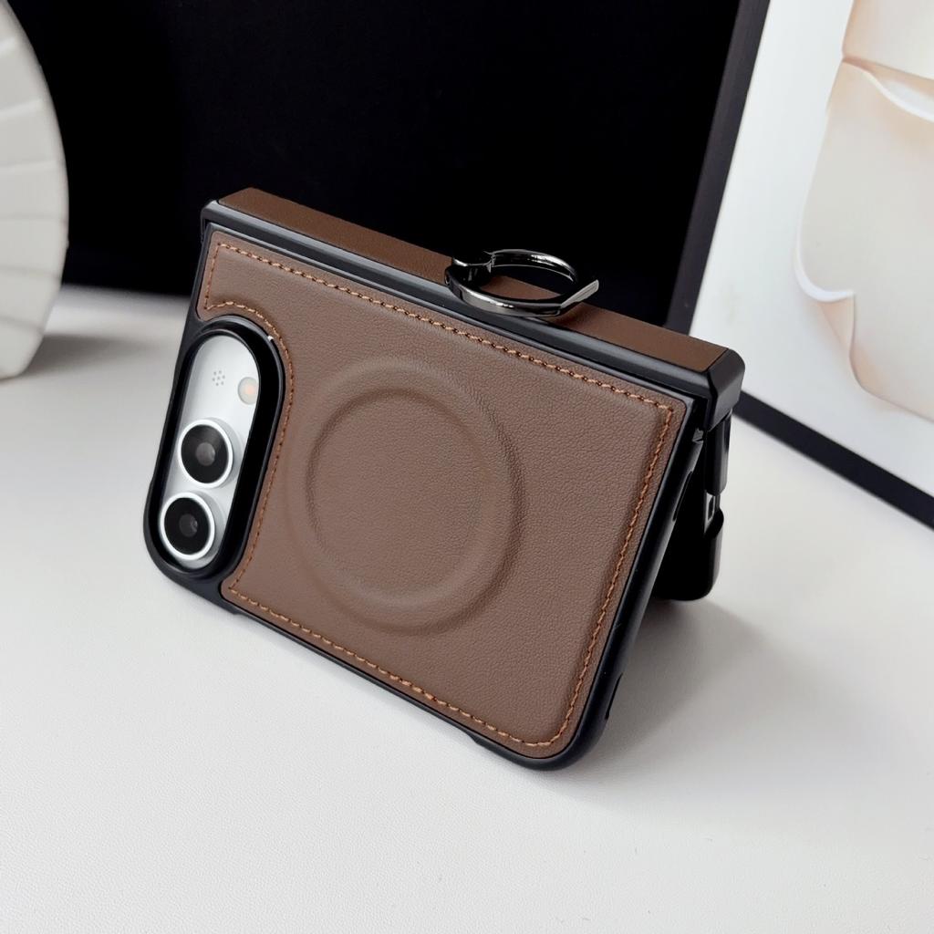 Plain Leather Business Magnetic Phone Case For iPhone Duo 18 With Ring Buckle Multifunctional Protect Phone Cover For Magsafe
