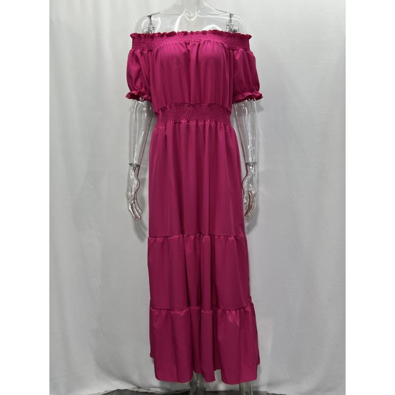 Off Shoulder Maxi Dress Short Sleeve Smocked Elastic High Waist Tiered Ruffle Flowy A-Line Casual Beach Vacation Daily Wear Solid Color Long Dress