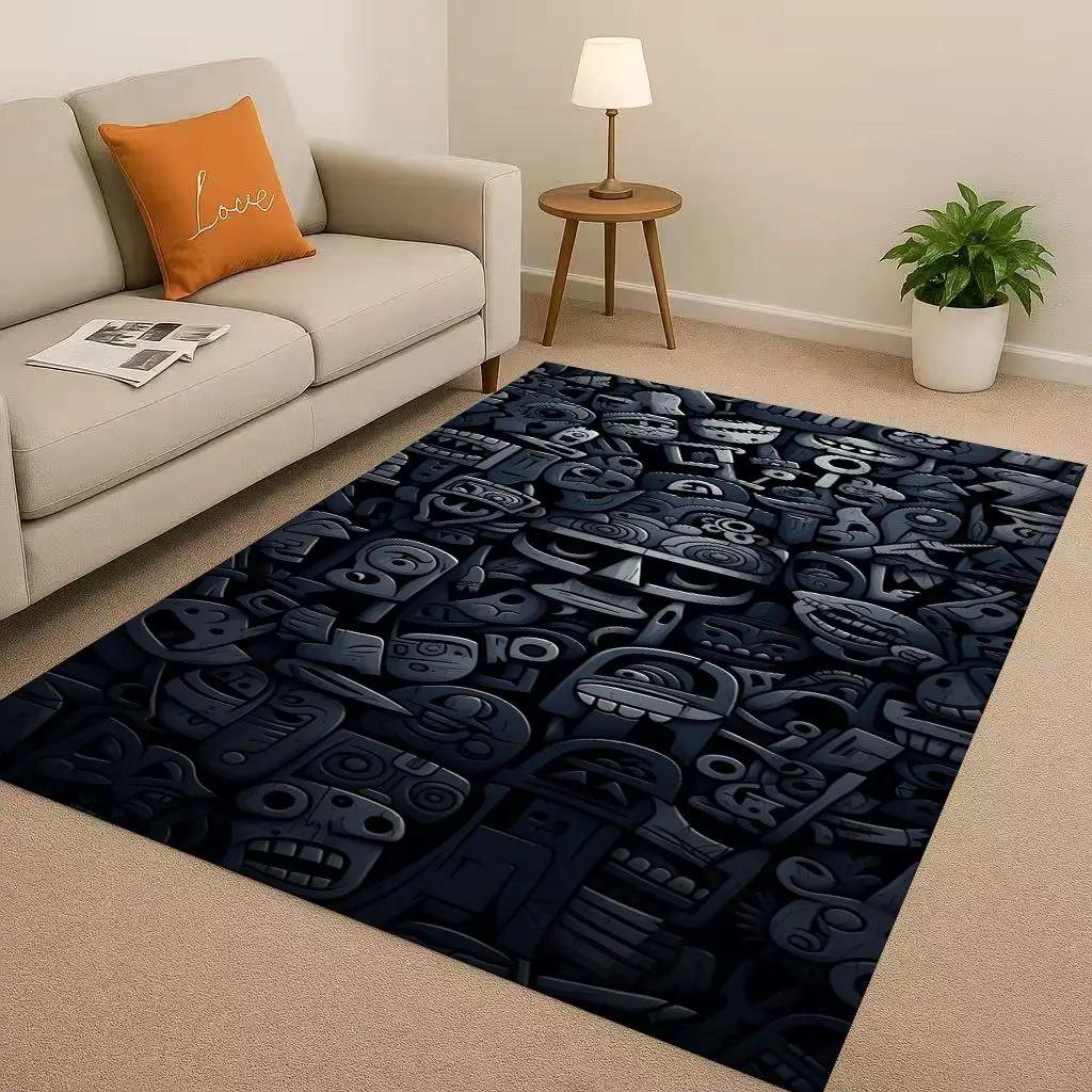 Retro Aztec Totem Maya Mask Sun God Living Room Non-Slip Area Rug Soft Carpet For Bedroom Sofa , Easy Clean Home Doormat Playmat