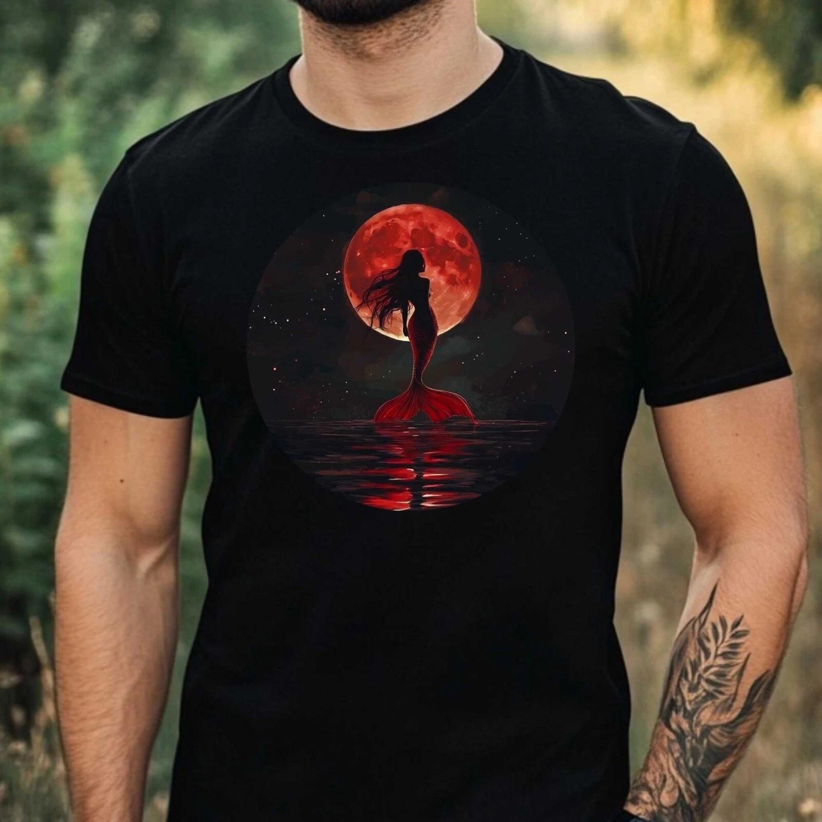 T-Shirt Herren Meerjungfrau Roter Mond Motiv Baumwolle Größe XS bis 5XL L