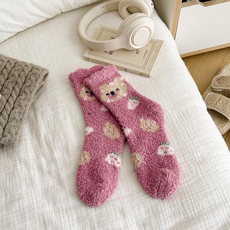 Fashion Coral Fleece Women Socks Warm Home Floor Socks Cartoon Strawberry Bear Socks Plush Mid Tube Sleep Socks