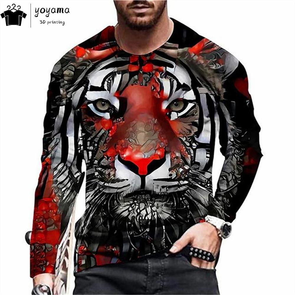 Tiger Print Men's Clothing Casual Loose Men's Shirts 3D Print Tiger Graphic T Shirts Breathable Men's Long Sleeve T-shirt Tops