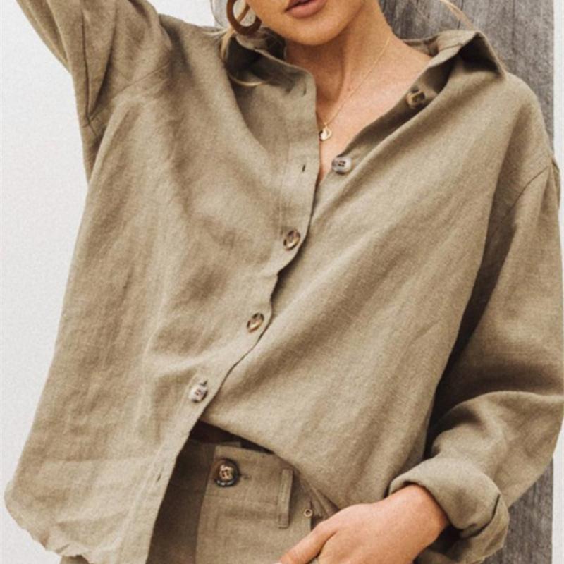 Plus Size Fashion Collar Long Sleeve Blouse Casual Cotton Linen Loose Women's Shirt