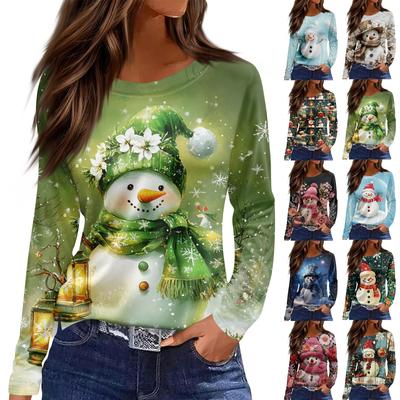Women's Fashion Casual Slit Hem Round Neck Long Sleeve Loose Christmas Printed T-Shirt Top