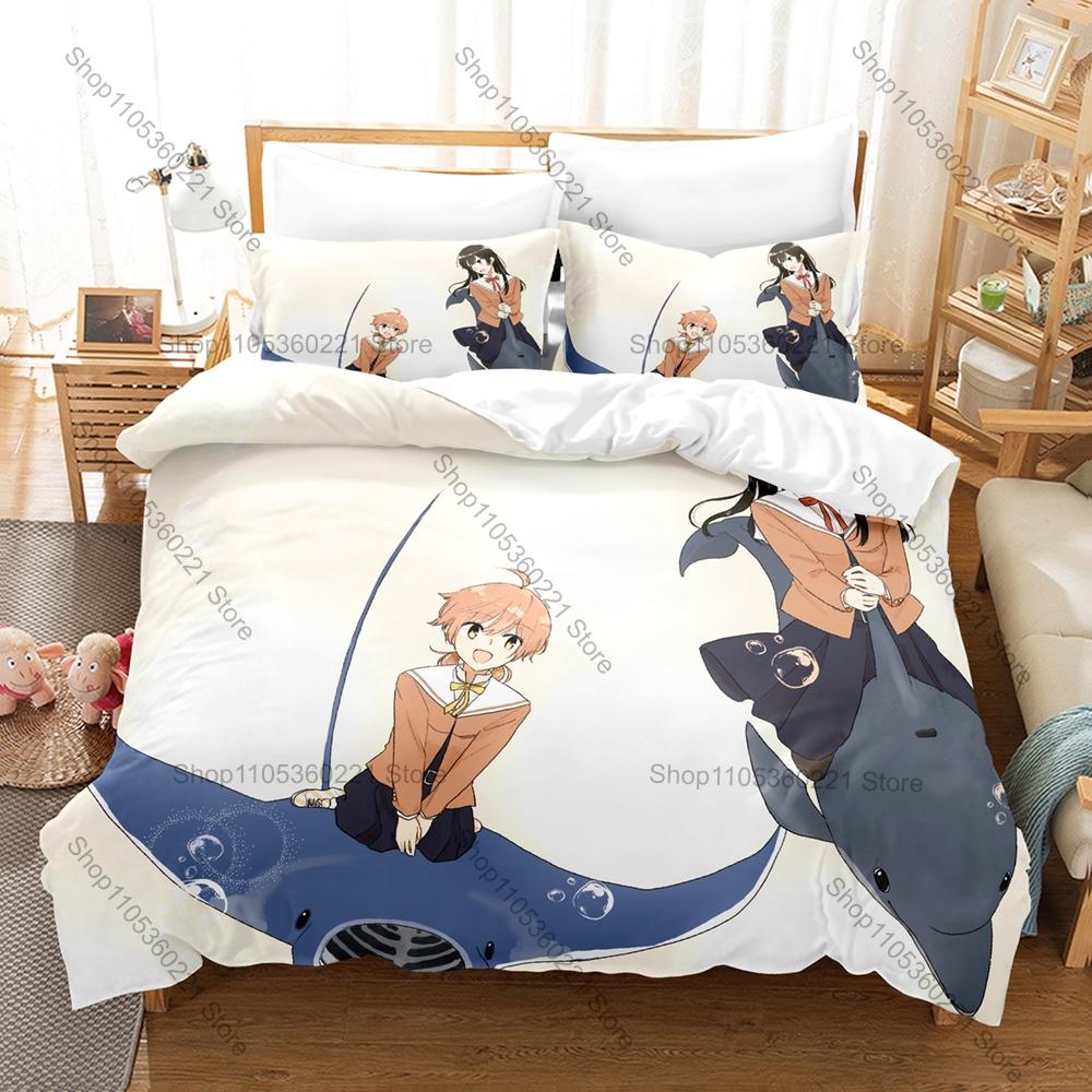 Cool Soft Pastel Cherry Blossom School Girls Sketch Bedding Set Duvet Cover + 2 Pillowcases Muted Pink Neutral Bedroom Decor