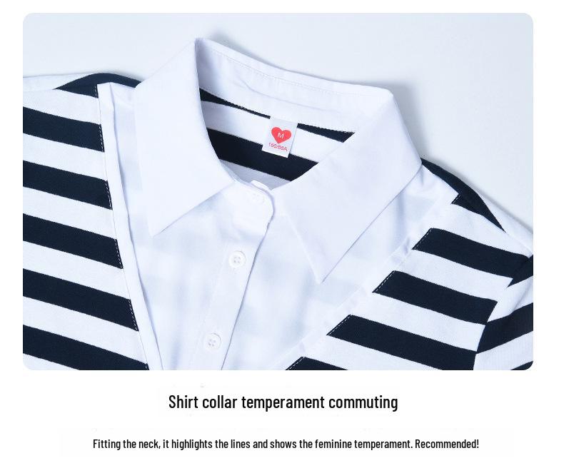 Damen Sommer Locker Geschnittenes Poloshirt mit Kragen – Fake Zweiteiler, Gestreift, Kurzarm, Reine Baumwolle