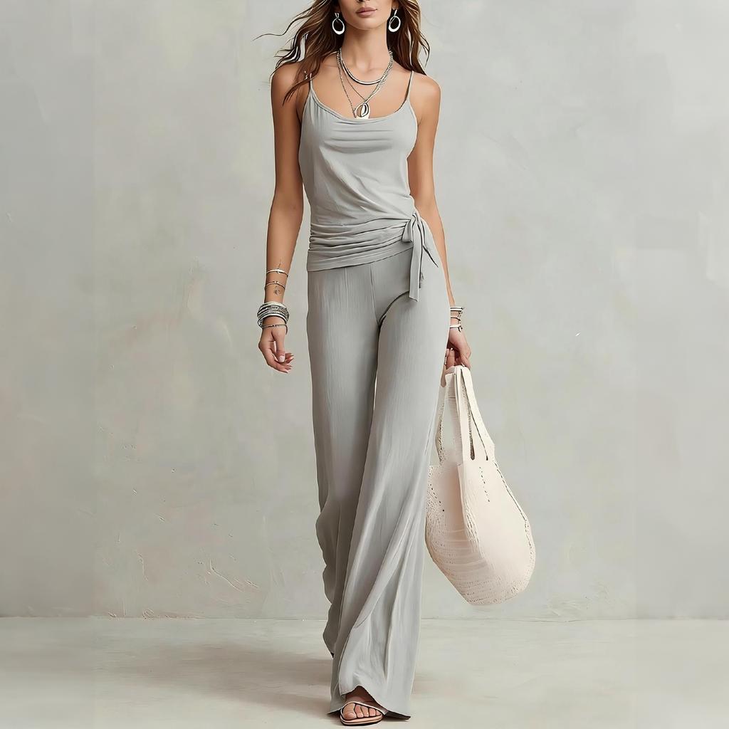 Women Casual Two Piece Set Sleeveless Tank Top with High Waist Wide Leg Pants Lounge Wear Summer Outfit