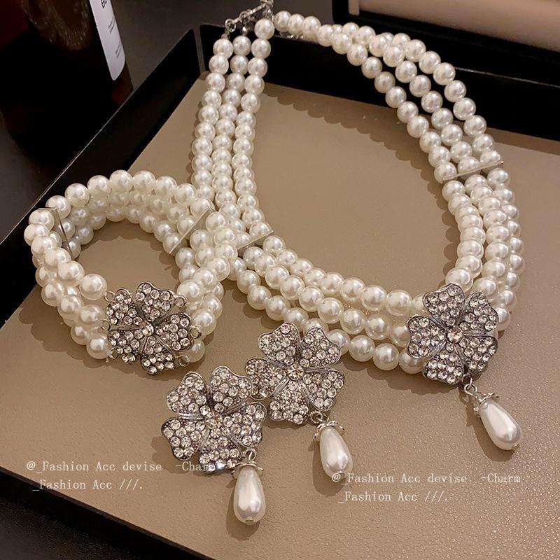 French light luxury flower diamond pearl multi-layer necklace niche creative collarbone chain temperament fashion high-end jewelry