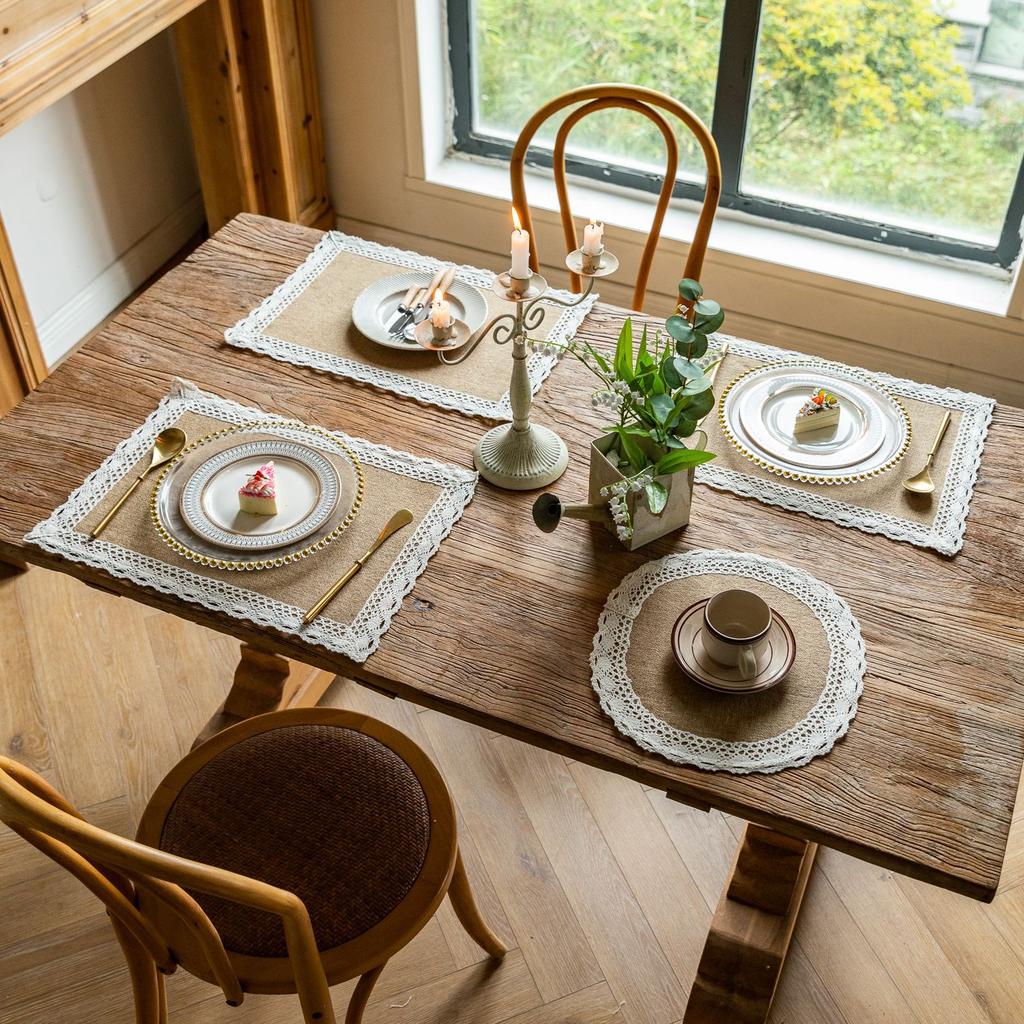 Cotton And Linen Fabric Heat Insulation Point Western Food Mat Coaster Woven Linen Cotton Rope Placemat Gourmet Background Shooting