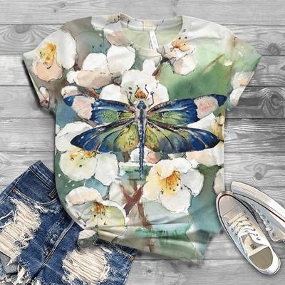 Women Summer T Shirt Trend Dragonfly Print Retro Fashion Short Sleeve Tees Casual Printed Tops
