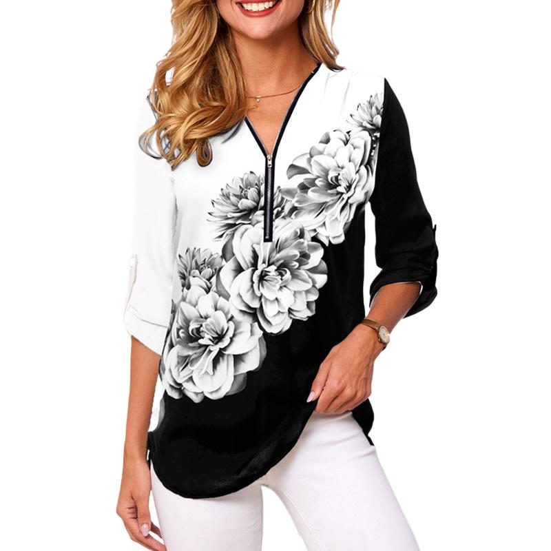 IHUASU V-neck Zip Plus Size Women's Long Sleeve Pull Up Sleeve Loose Shirt