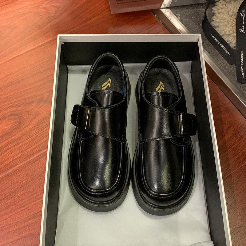 Spring new Velcro wedge heel round head high heel wedge heel thick sole durable women's leather shoes