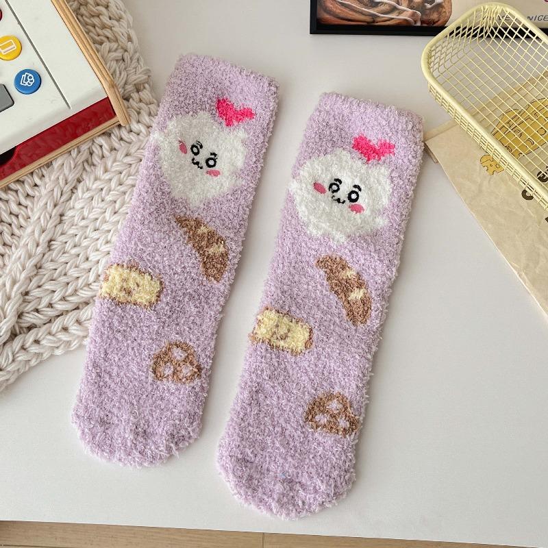 Winter and Autumn Thick Sleeping Coral Fleece Socks for Women, Postpartum Floor Mid-calf Socks with Cartoon Embroidery