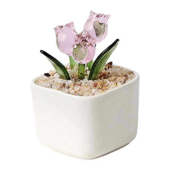 

Handcraft Blown Glass Flower Figurine Mini Faux Crystal Tulip Bouquet in Pot for Women Mom Wedding Mother s Day Office Home Table Centerpiece розовый