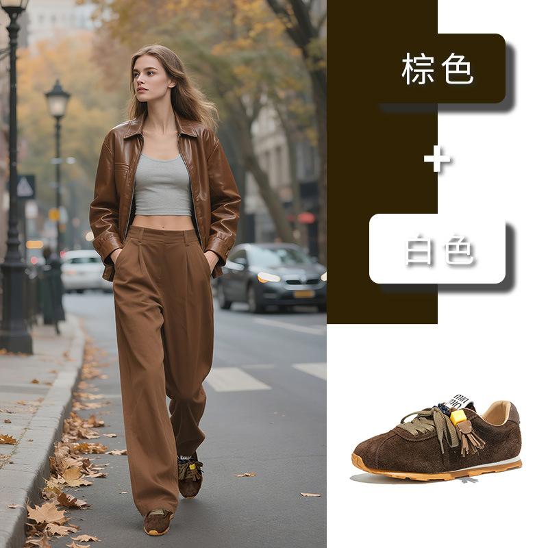 The First Layer of Cowhide German Training Shoes Women's 2025 Autumn New Flat-bottomed Versatile Forrest Gump Shoes Casual Pair of Shoelaces Sport