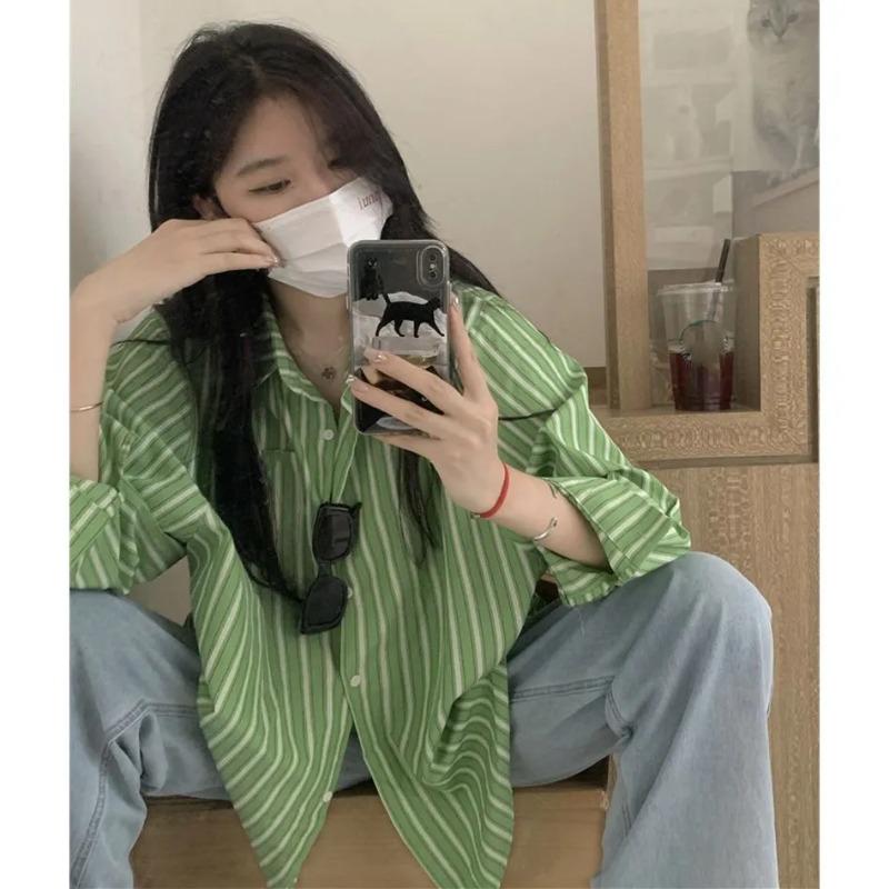 Hong Kong Style Vertical Striped Shirt New Style College Style Loose and Versatile Long-sleeved Shirt Spring and Autumn Wear for Women