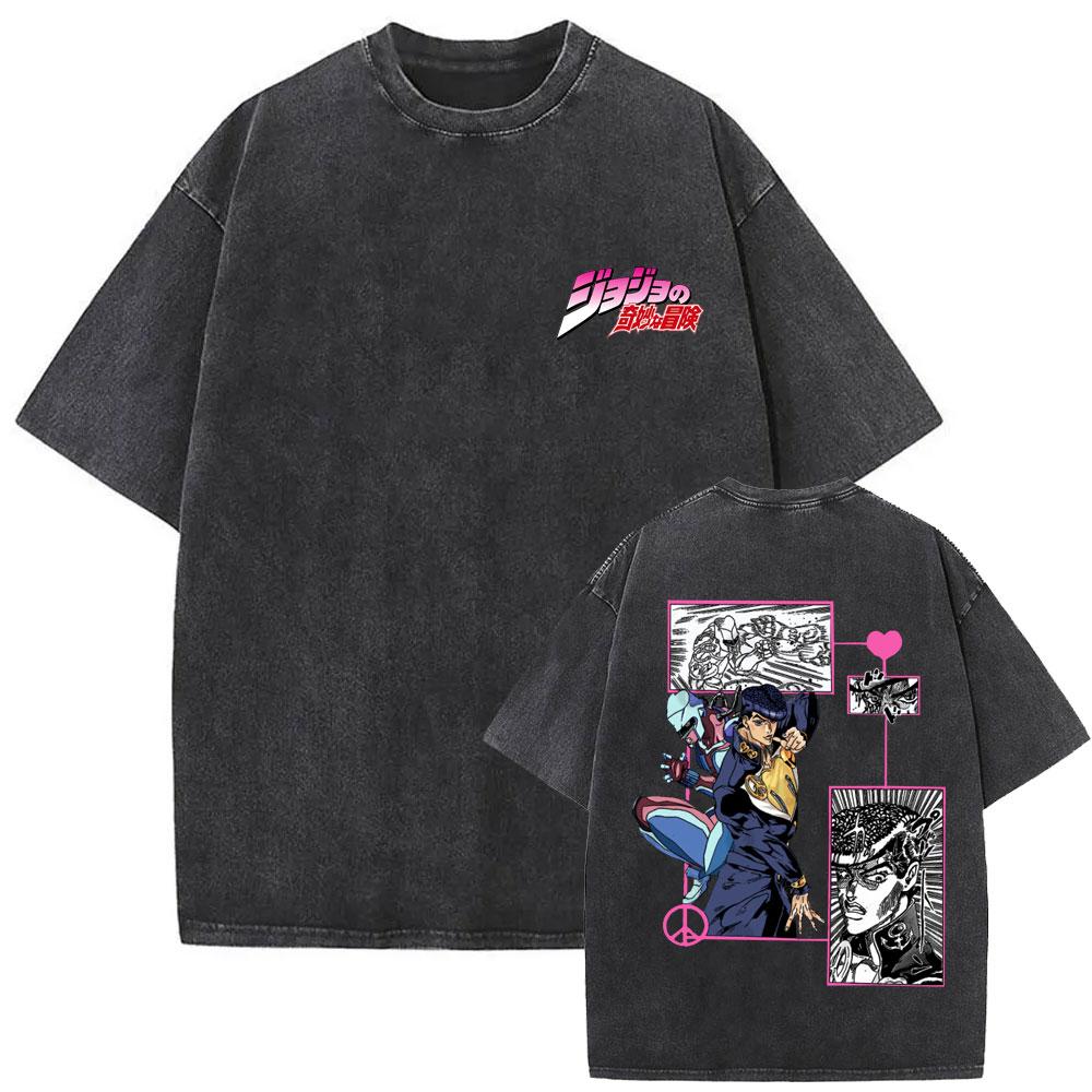 Anime JoJo's Bizarre Adventure Jolyne Washed Vintage T-shirt Summer Men Women Manga Casual Cotton Crewneck Short Sleeve T Shirt