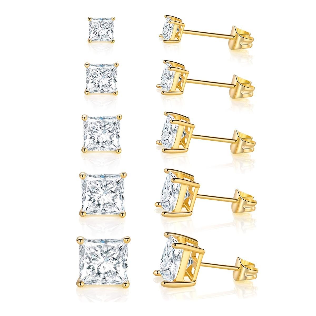 European and American square diamond zircon stud earrings set 5 pairs of simple and versatile four-claw earrings for girls