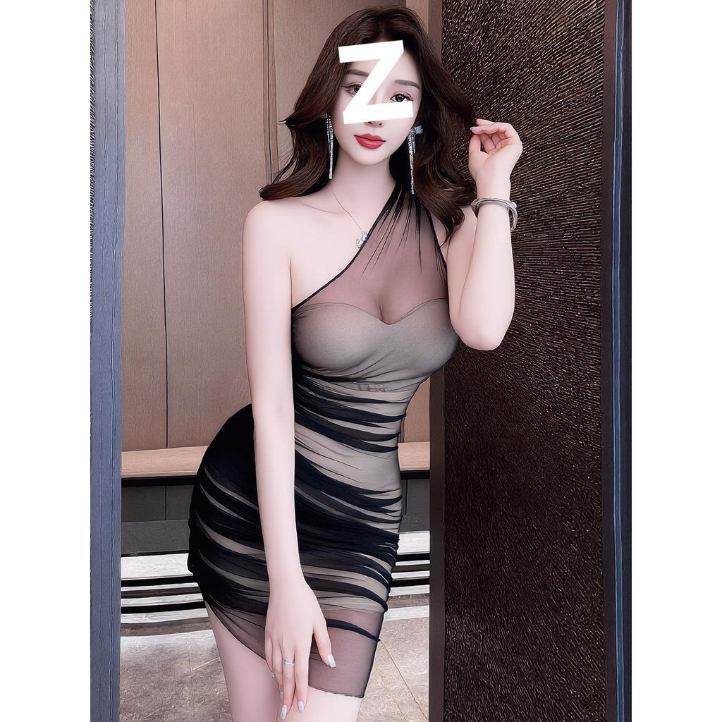 Sexy slanted shoulder mesh stitching hip skirt women with chest pad pure desire Spice girl slim waist and thin pleated dress