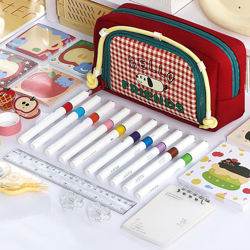 1pcs Lovely Dog Pencil Bag Pen Case, Cute Cartoon Retro Plaid Pattern Large Capacity Storage Pouch for Stationery Student