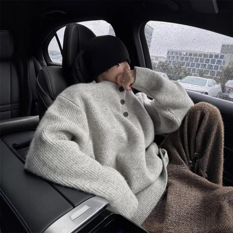 

Свитер с воротником Генри Мужской Осенне-зимний Корейский Модный Бренд Пуловер Мягкий Восковой Топ L светло-серый