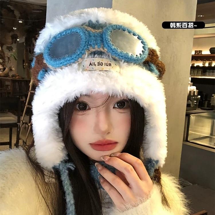 Fleece sandalwood cute glasses flying ear protectors Lei Feng hat children's autumn and winter warm plush knitted hat
