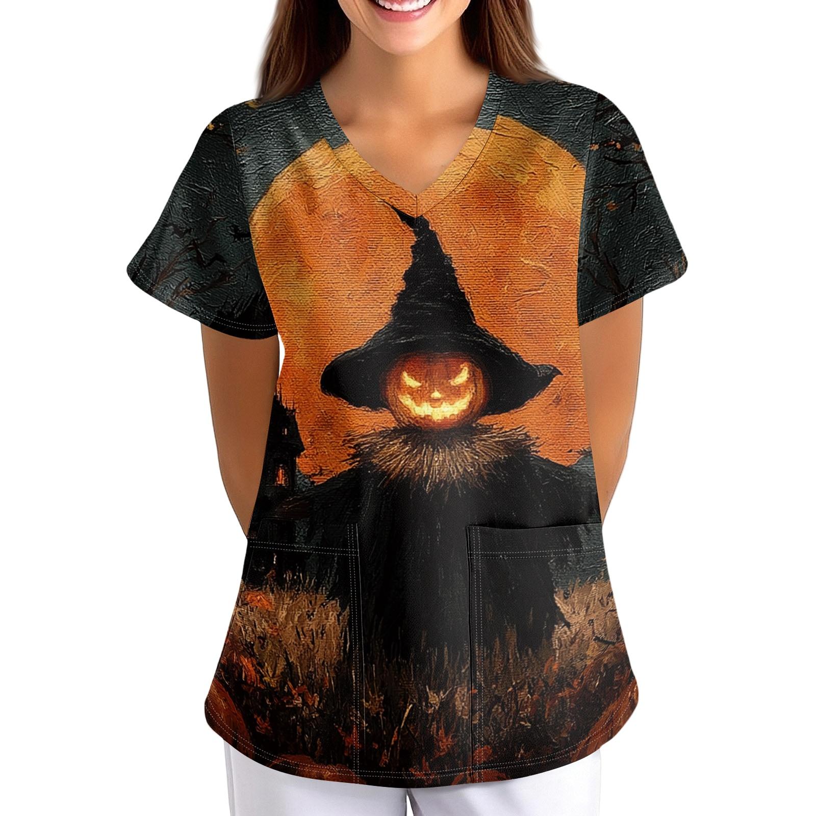 Women s Halloween Print Short Sleeve V-Neck Scrub Top with Pockets Loose Fit L