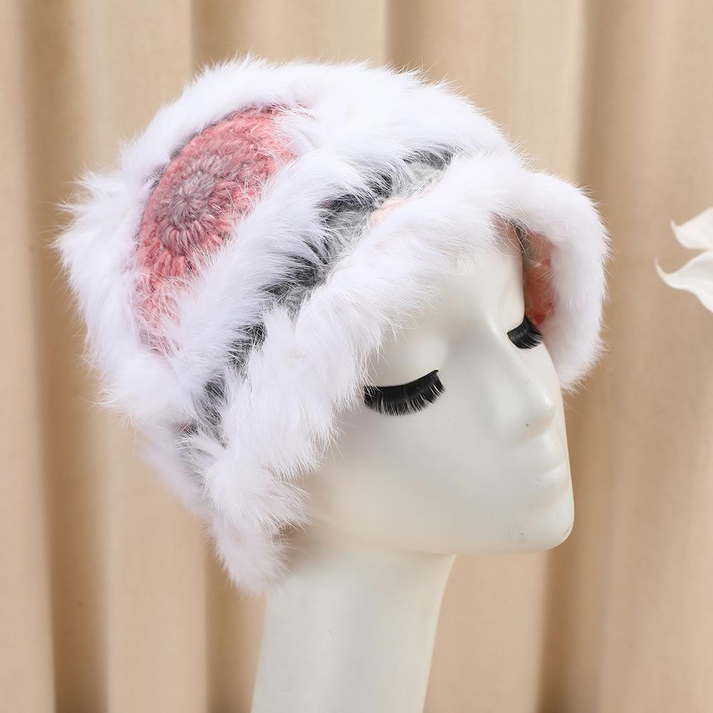 

Women s Rabbit Fur Knitted Hat for Autumn Winter Furry Cold Proof Ear Flap Bucket Hat Versatile High End Handmade Plush Hat белый