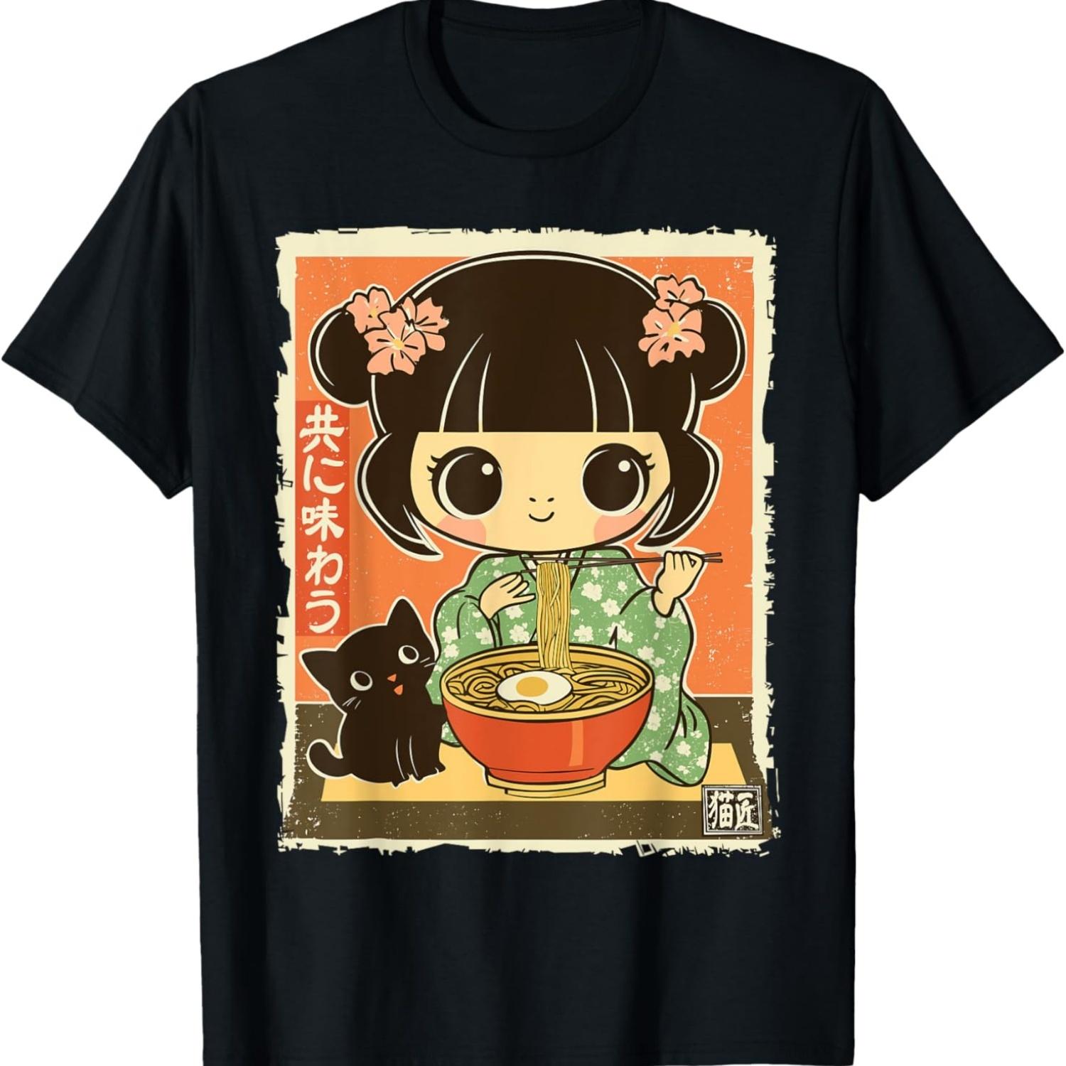 Kawaii Chibi Girl in Green Kimono Eating Ramen with her Cat T-Shirt S чёрный