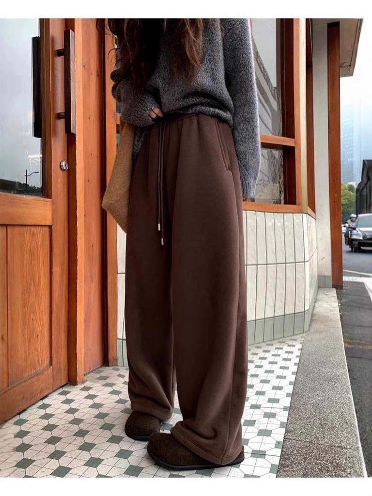 700g Lambswool Heavyweight Fleece Brushed Women's High-Waist Wide-Leg Warm Trousers