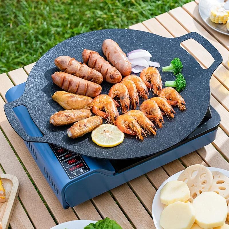 Padella per grigliare Coreana Rotonda Antiaderente Piastra per Barbecue da Esterno Viaggio Campeggio Padella per friggere Piastra per Uso Domestico Accessori per Barbecue
