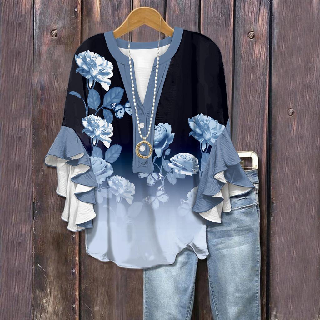 Summer Tops For Women Cute V Neck 3/4 Sleeve Blouses  Print Top Casual Shirts