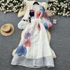 Retro court style printed bubble sleeve dress women's autumn strap waist unique beautiful super fairy long skirt