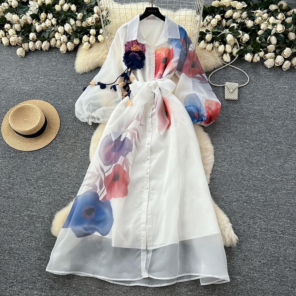 Retro court style printed bubble sleeve dress women's autumn strap waist unique beautiful super fairy long skirt