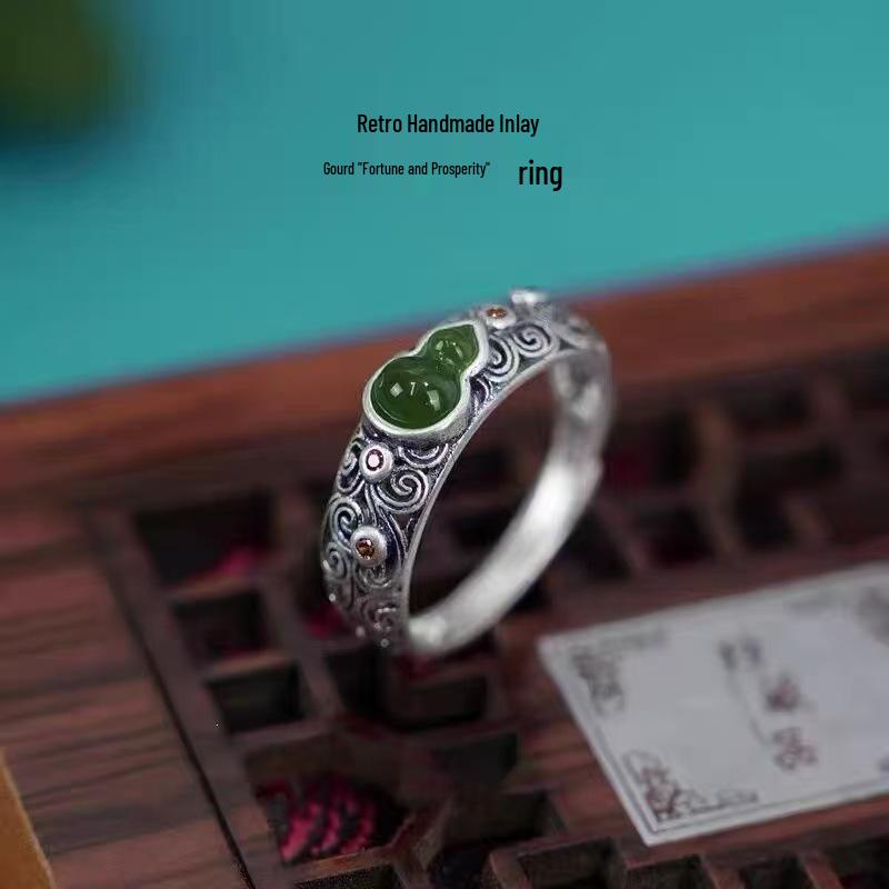 2026 Women's Niche Chinese Style Hetian Jade & Sterling Silver Gourd Ring with Auspicious Clouds Design