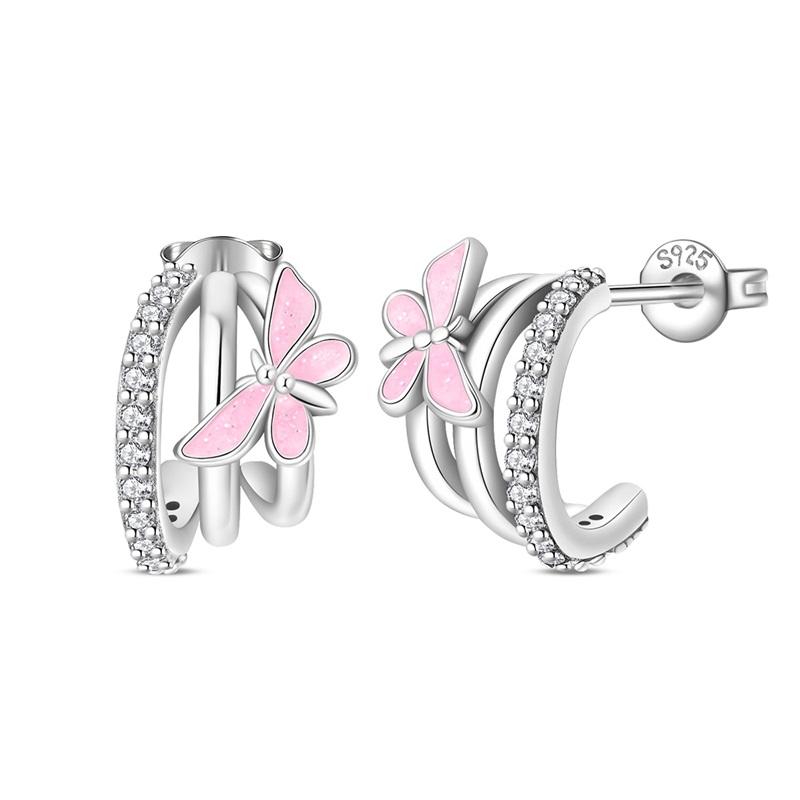 New 925 Silver Sparkling Pink Heart-Shaped Flower Women Earring Brilliant Wedding Engagement Star Earrings Jewelry Gift
