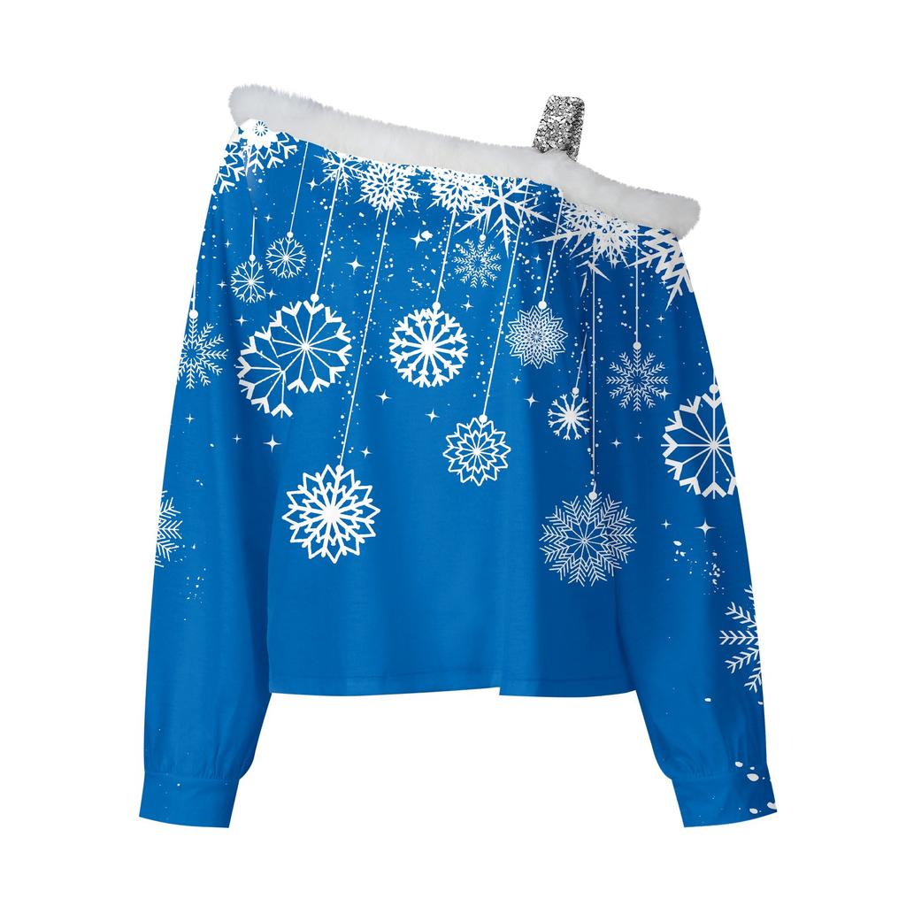 Women's Long Sleeve Tops Fashionable Women's Loose Christmas Print Off-Shoulder Pullover Tops
