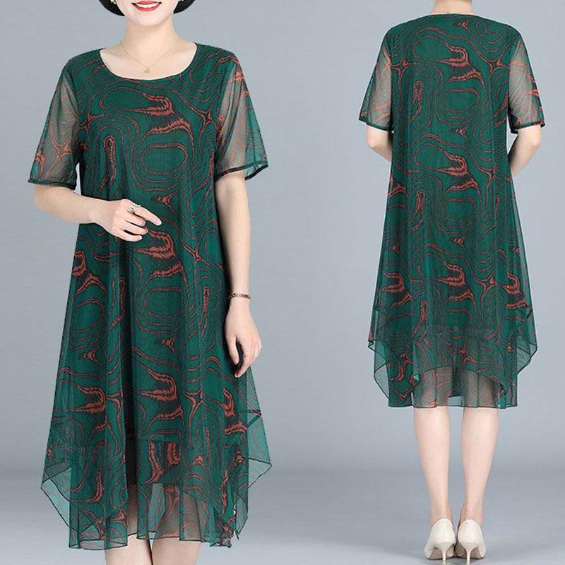 

Модное миди-платье пэчворк с неровным подолом, повседневная женская одежда с принтом, короткий рукав, для работы, лето, круглый вырез, свободный крой XXL темно-зеленого