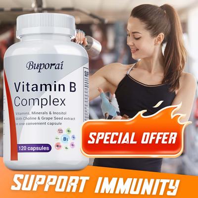 High Potency Vitamin B Complex, 120 Capsules - With Vitamin C - Natural Energy Complex
