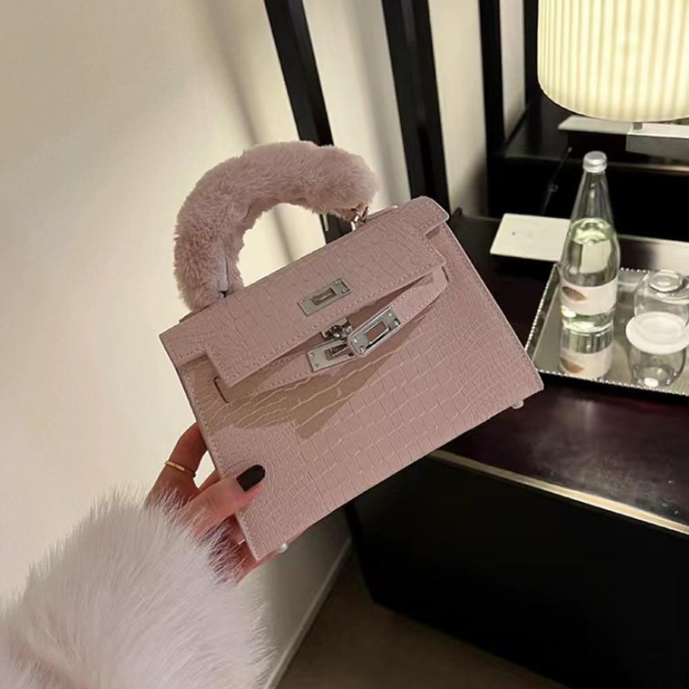 Pink Alligator Pattern Kelly Bag High-end Fluffy Handbag 2023 New Mini Shoulder Messenger Bag Bag Female