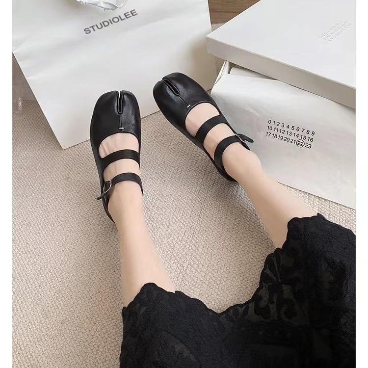 Sheepskin version~ Grape mother split-toed Mary Jane genuine leather single shoes women's round head pig's trotters buckle strap flat sheepskin pig