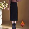 High-Waist Black Corduroy Midi Skirt: Thickened for Autumn/Winter with Slimming Slit