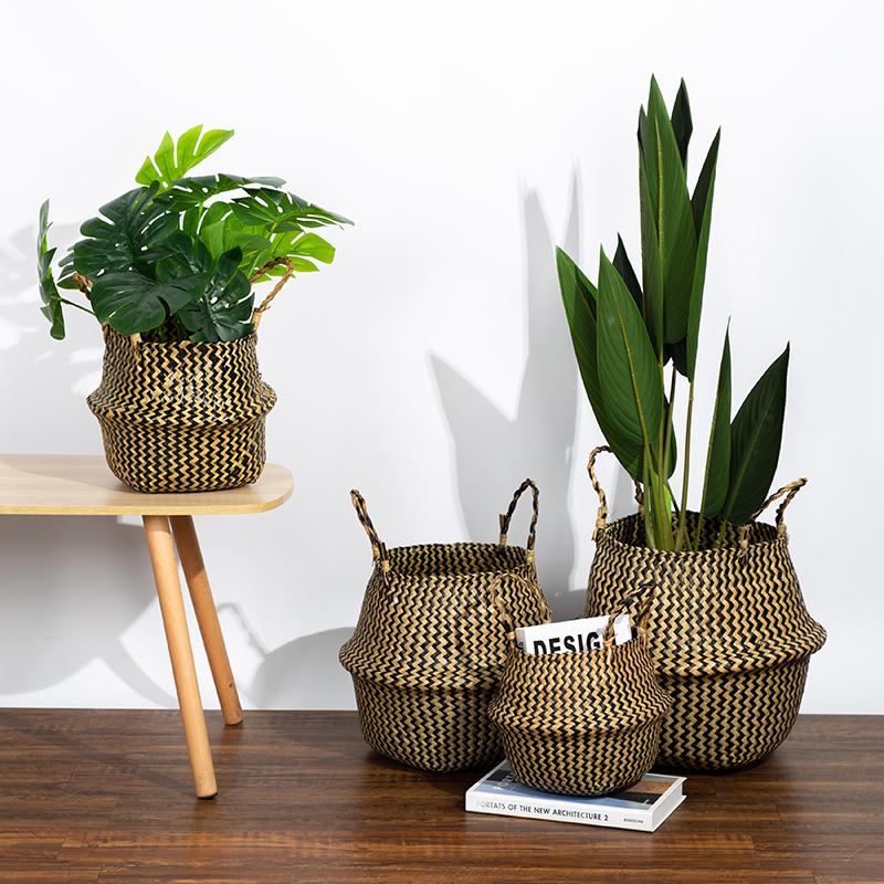 Retro Wicker Woven Seagrass Belly Baskets Planter Pot Foldable Straw Laundry Toys Sundries Organizer Baskets Home Boho Decor