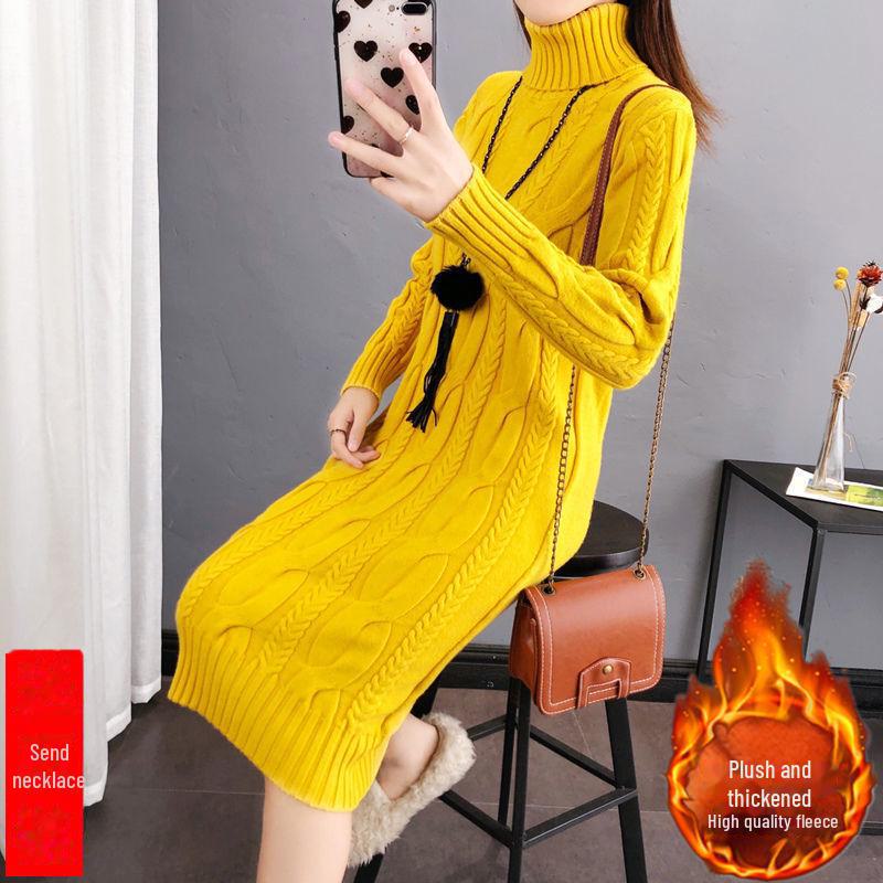 Women's Plush/Non-Plush Turtleneck Over-the-Knee Knitted Sweater Dress for Autumn & Winter