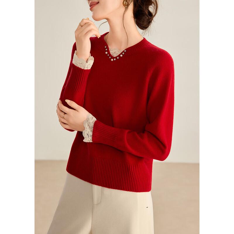 Shexi 100% Wool Knit Sweater with Lace Trim