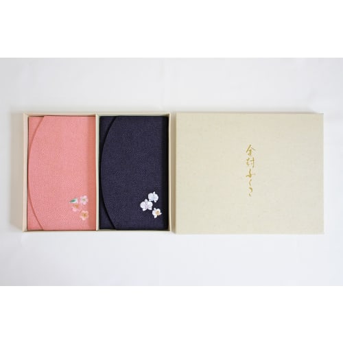Chirimen Reiwa Embroidered Gold Envelope Fukusa Set (Plum/Orchid)