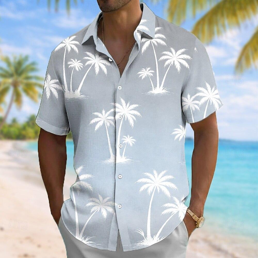 Men's Coconut Tree Gradient Tropical Hawaiian Shirt Button Up Short Sleeve 3D Print Turndown Shirt Blue Pink