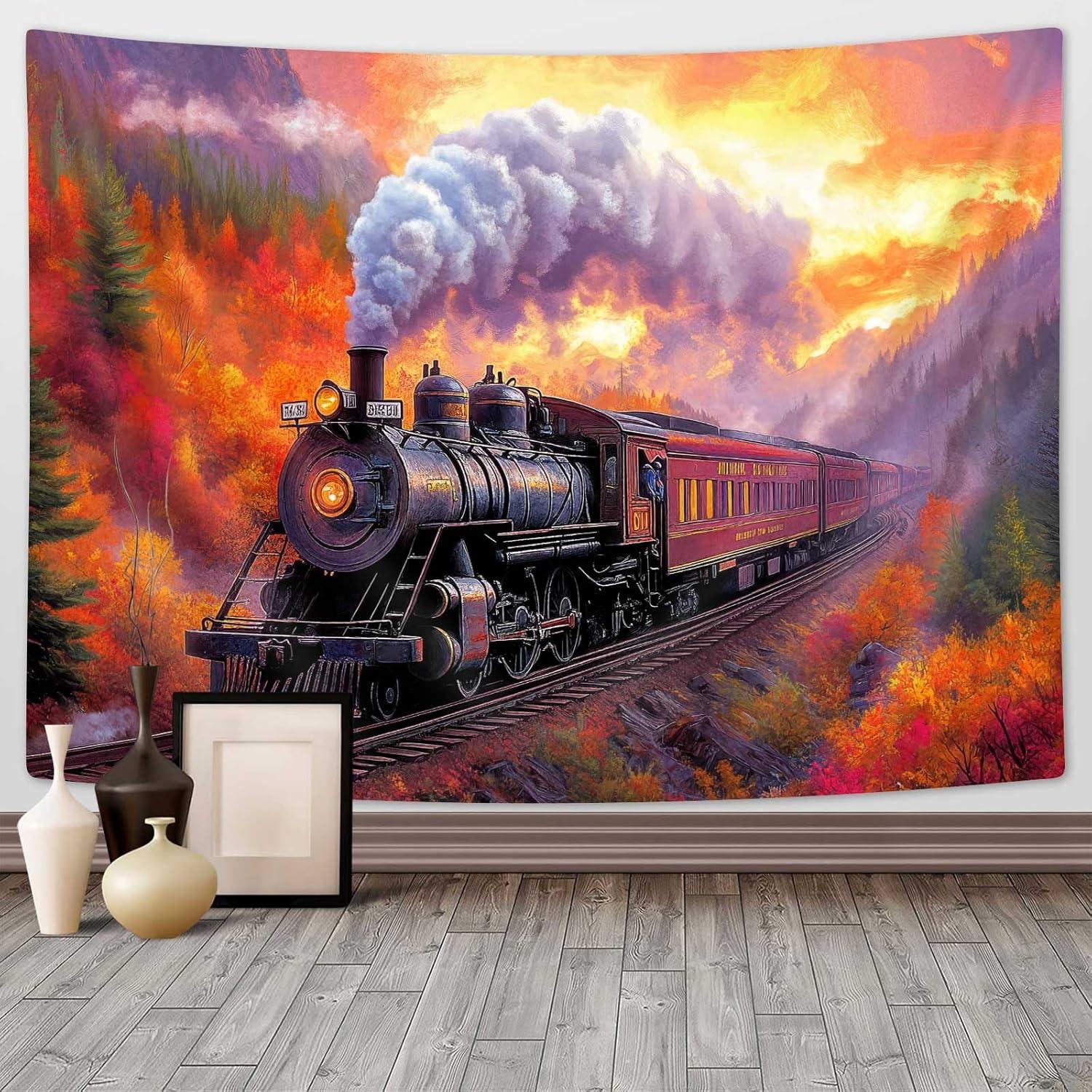Tapestry with a steam locomotive, old steam locomotive, autumn landscape 75x100