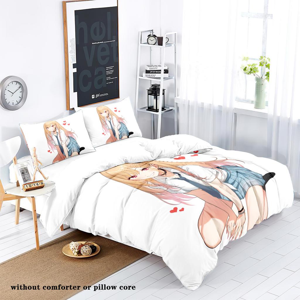 3dílný kreslený anime dívčí vzor tištěný péřový povlak na přikrývku (1dílná sada+2 povlaky na polštáře, bez výplně) ložní souprava