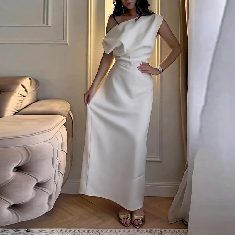 2026 women's clothing summer new, Amazon cross-border Europe and the United States, fashionable and elegant solid color off-the-shoulder slim dress